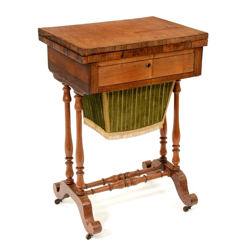 1204 - A Victorian rosewood games/work table, with fold over top, 73cm h; 37.5 x 51cm