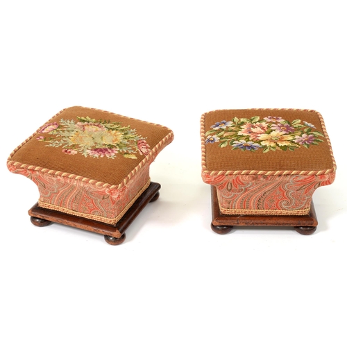 1210 - A pair of Victorian woolwork covered footstools, of flared square shape, on mahogany base and bun fe... 