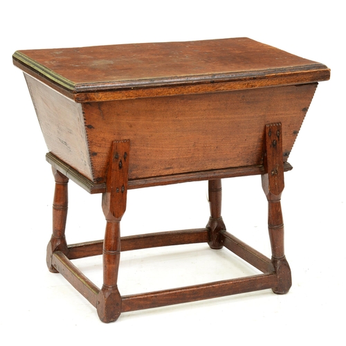 1222 - A George III ash and elm dough bin on turned legs divided by stretchers, 66cm h; 47 x 76cm... 