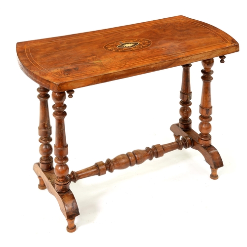 1224 - A Victorian bow ended walnut and inlaid stretcher table, 65cm h; 40 x 85cm