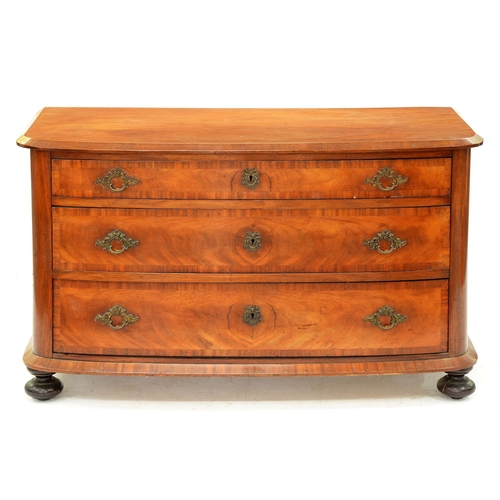 1225 - A Northern European bow fronted mahogany chest of drawers, late 19th c, on bun feet, 69cm h; 54 x 11... 