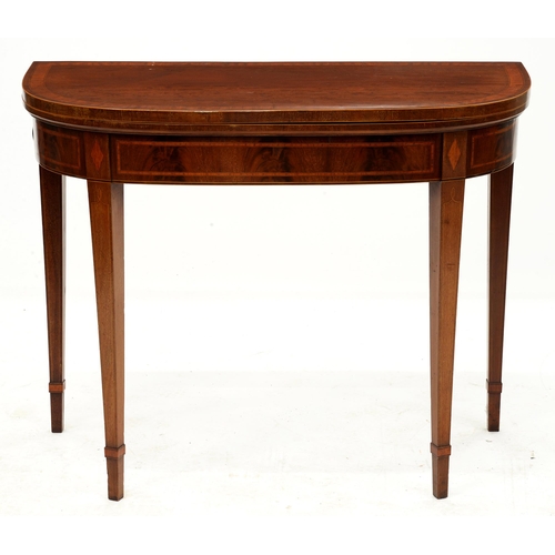 1236 - A Victorian plum pudding mahogany, satinwood and line inlaid card table with D-shaped top on square ... 