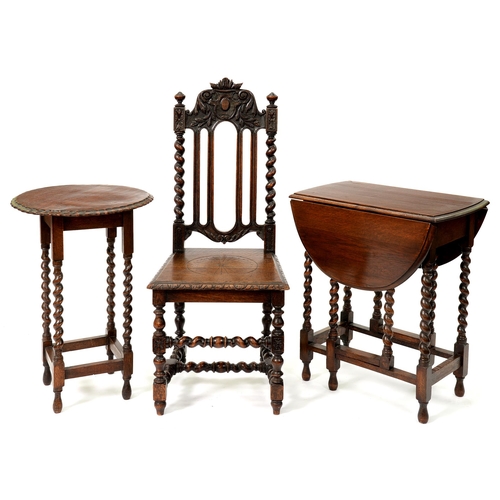 1242 - A Jacobean Revival carved oak hall chair, c. 1900, the seat height 48cm, a similar occasional and dr... 