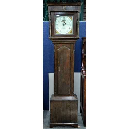 1244 - A thirty hour oak longcase clock, John Hoy of Mattishall, early 19th c, painted enamel dial, flat to... 