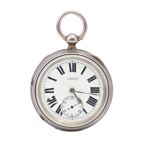 126 - A silver lever watch, the case of unusually heavy gauge, T Leivers Underwood, 63mm diam, Chester 190... 