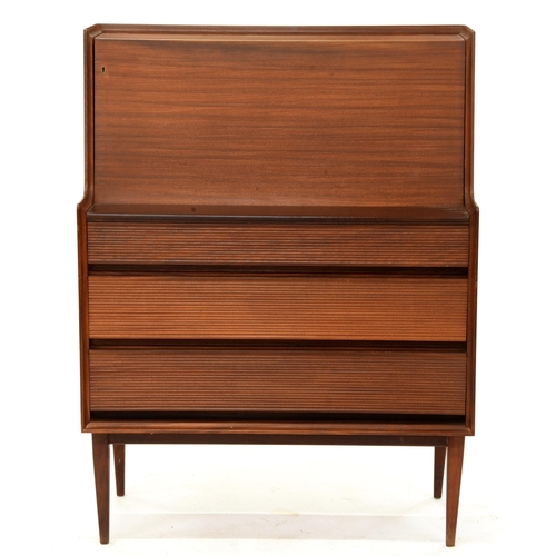 1261 - A teak bureau, mid-20th c, fall front above three graduated reeded drawers, tapering legs, 108cm h; ... 