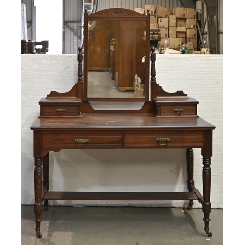 1288 - A Victorian mahogany mirror-backed washstand, with stretcher base, on turned legs and pottery castor... 