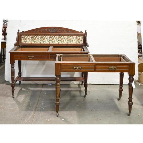 1288 - A Victorian mahogany mirror-backed washstand, with stretcher base, on turned legs and pottery castor... 