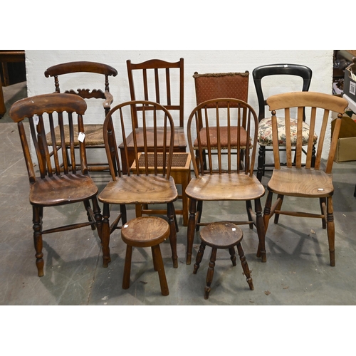 1296 - A Victorian oak rush seated elbow chair, a pair of contemporary ash spindle back kitchen chairs, mis... 