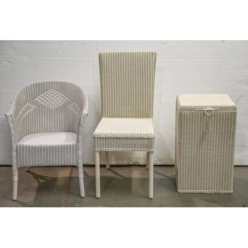 1300 - A Lloyd Loom white painted chair and linen basket, 62cm h and another similar elbow chair... 