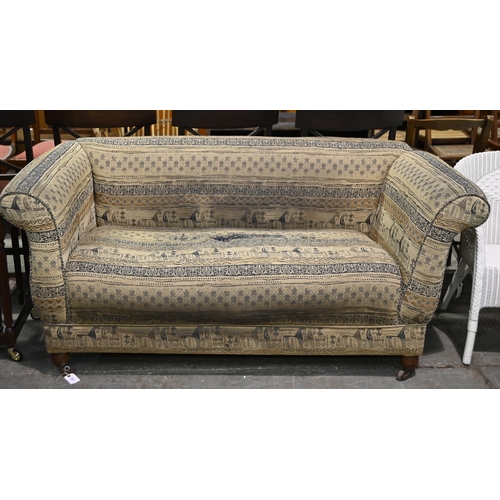 1301 - A Victorian drop arm sofa, on mahogany bun feet, brass and pottery castors, 162cm w, seat height 44c... 