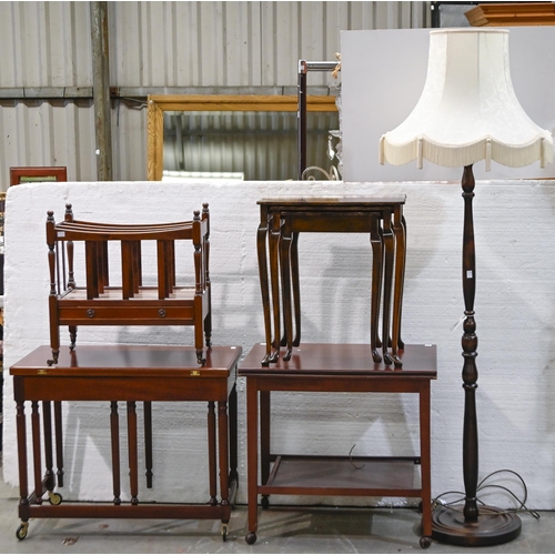 1302 - An antique style mahogany canterbury, 51cm w, a nest of tables, tea trolley and standard lamp, etc... 