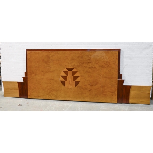 1320 - A mahogany and walnut inlaid art deco style bed head, 79cm x 230cm