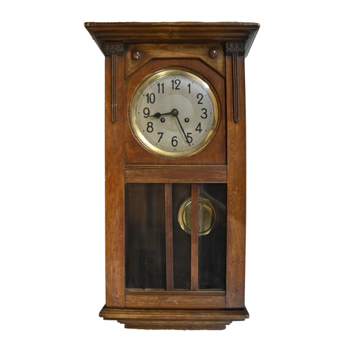 1330 - A mahogany wall clock with silvered dial, c1930, 72cm h x 39cm, key and pendulum