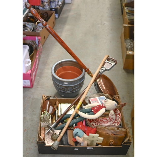 1400 - Miscellaneous bygones, including a Victorian copper warming pan, brass twin handled jam pan, Hovis b... 