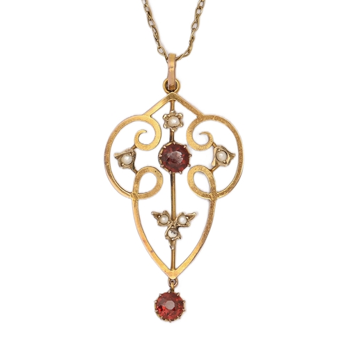 142 - An Edwardian jewelled gold openwork pendant, 42mm h, marked 9ct, and gold necklet, 4.2g... 