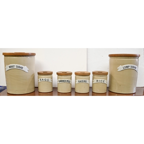 1439 - Miscellaneous late Victorian/early 20th c stoneware kitchen storage jars, with turned sycamore lids,... 