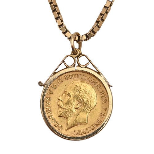 151 - Gold coin. Half sovereign, 1911 mounted in 9ct pendant on 9ct gold necklace 14g