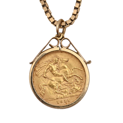 151 - Gold coin. Half sovereign, 1911 mounted in 9ct pendant on 9ct gold necklace 14g