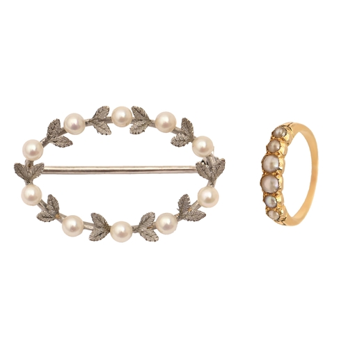 155 - A split pearl ring c 1900 in gold, and a cultured pearl brooch in white gold coloured metal, 5.6g ri... 