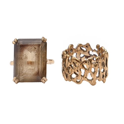 168 - A Modernist 9ct gold textured openwork ring and a citrine ring in 9ct gold, 14.4g, size L... 