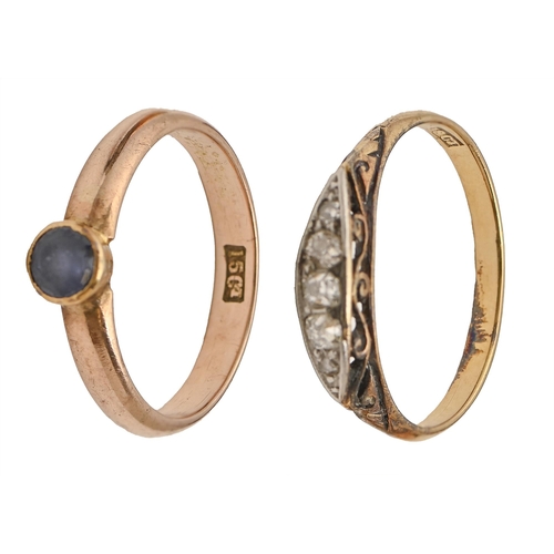 184 - A diamond ring, gold hoop marked 18ct, 1.7g and a sapphire ring, gold hoop marked 15ct, 2.3g, size K... 