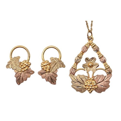 189 - A three-colour gold pendant and earrings of grapes design, pendant 26mm h, marked 10K on 9ct gold ne... 