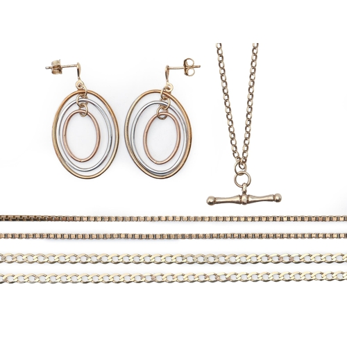 190 - Two 9ct gold chains and a pair of gold triple hoop earrings 16.4g, and a base metal chain (5)... 