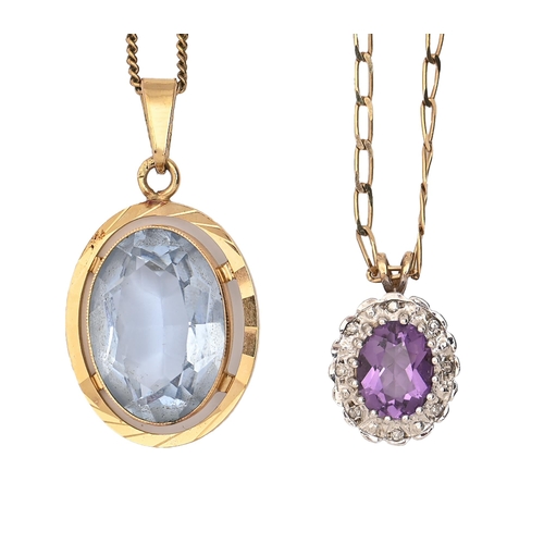 192 -  An amethyst pendant on gold necklet and a larger gem set gold plated pendant  