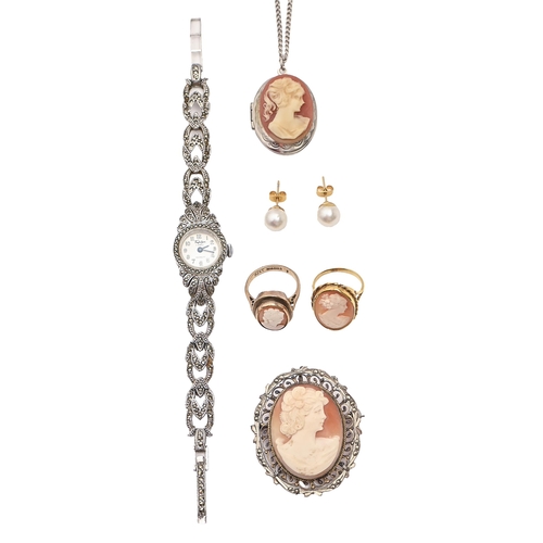 200 - Two cameo rings in gold, a cameo locket and brooch, and three other items