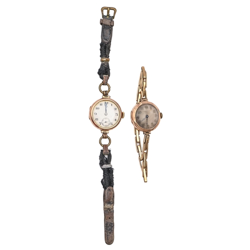 201 - Two Swiss 9ct gold ladies wristwatches, 25mm and 27mm diam both London, 1923 and 1927, one on 9ct go... 