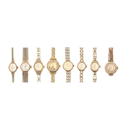 202 - A Montaigne 9ct gold ladies wristwatch 17mm dia on gold mesh bracelet, and five other 9ct gold ladie... 