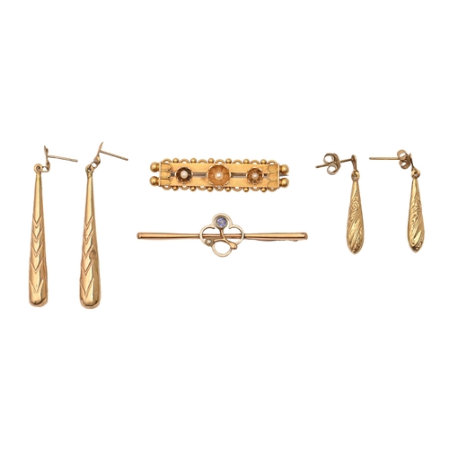 203 - A Victorian pearl and 15ct gold bar brooch 41mm long, Chester 1898, another gem-set gold bar brooch ... 