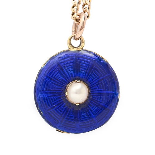 205 - A gold and blue guilloché enamel locket, late 19th c set with a seed pearl, the reverse with gilt mi... 