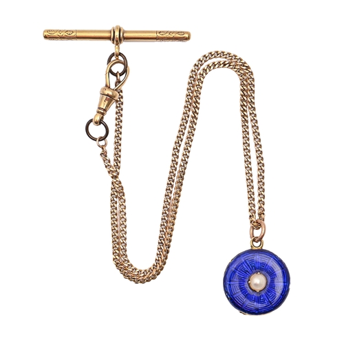 205 - A gold and blue guilloché enamel locket, late 19th c set with a seed pearl, the reverse with gilt mi... 