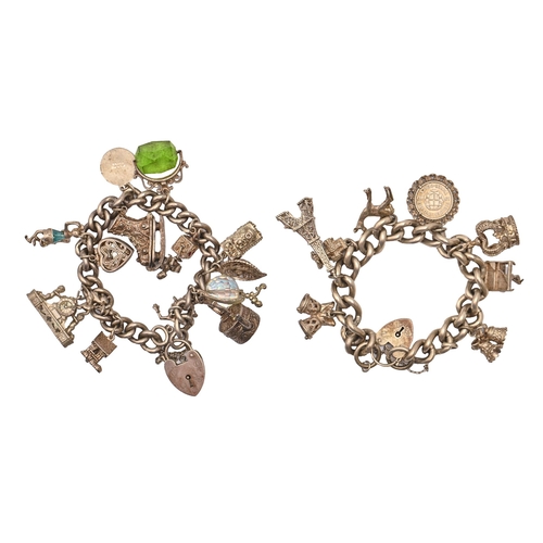 206 - Two silver charm bracelets, each with a collection of silver and silver-mounted charms, 6oz... 