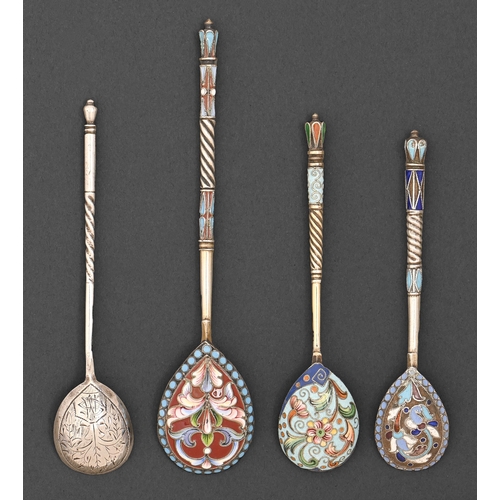 270 - Two Russian silver gilt and shaded cloisonne enamel spoons, 10.5cm and 13.5cm l, one by Maria Semeno... 