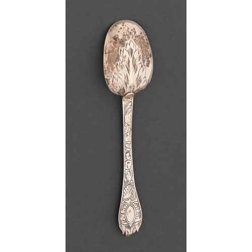 271 - A William III silver teaspoon, Trefid pattern, engraved with foliage, 10.4cm l, by John Ladyman, Lon... 