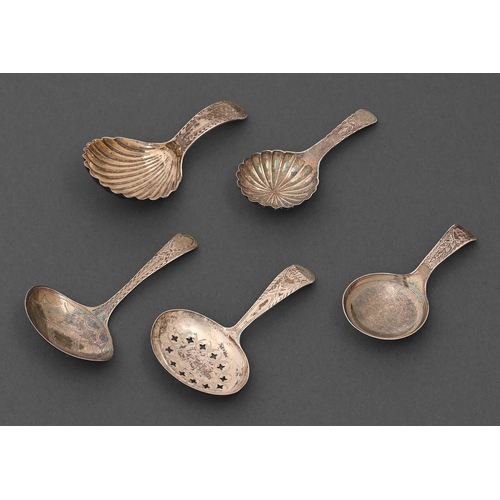 272 - Five George III silver caddy spoons, including engraved, bright cut and feather edge examples, by va... 