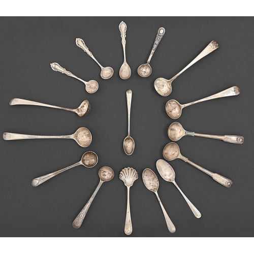 280 - A pair of George III miniature silver shell back teaspoons and fourteen silver salt spoons, mostly G... 