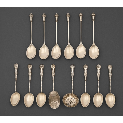 287 - A set of six Victorian silver coffee spoons, Queen's pattern, and a sugar scoop and sifter, en suite... 