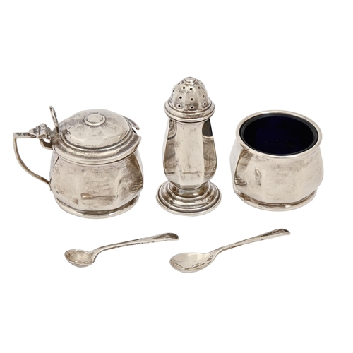 289 - An Elizabeth II silver condiment set, blue glass liners, pepperette 65mm h,  by The Barker Ellis Sil... 