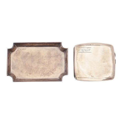 296 - A George V silver tray, 13.5cm l, marks rubbed Birmingham 1925 and a silver cigarette case, Chester ... 