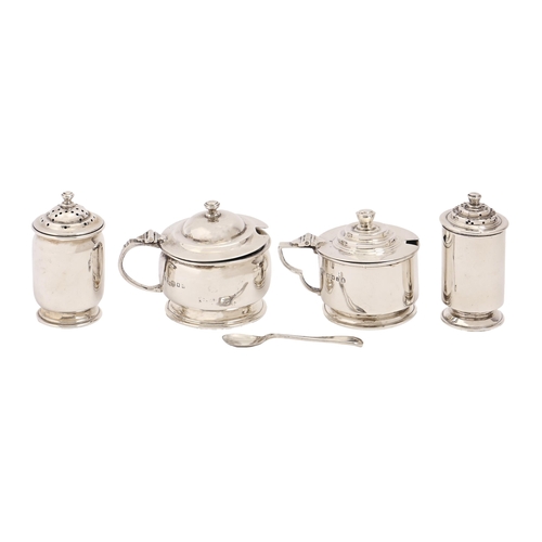 304 - Two  George V silver two piece condiment sets, pepperettes 62mm and 65mm h, both London, by differen... 