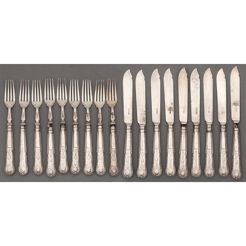 321 - A set of nine Victorian silver fish knives and forks, King's pattern, by Harrison Brothers & How... 