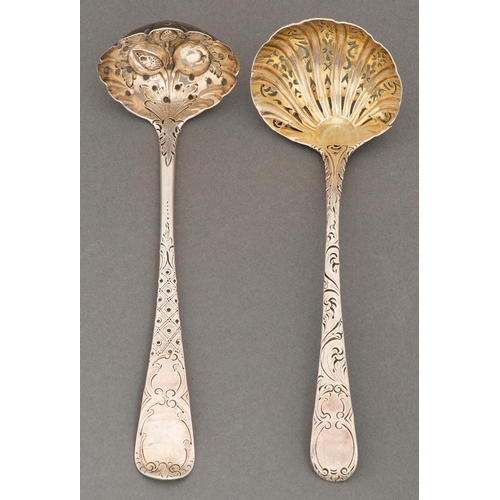 323 - Two George III silver sauce ladles, later chased, pierced and gilt  as sugar sifters, both London,  ... 