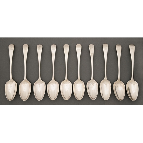 324 - A set of ten George III silver tablespoons, Old English pattern, crested, maker WS, probably William... 