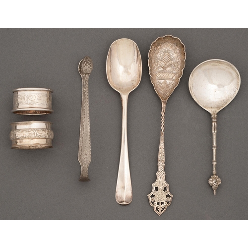 328 - A silver tablespoon, early 18th c,  Hanoverian pattern, a Victorian silver berry spoon, pair of Geor... 