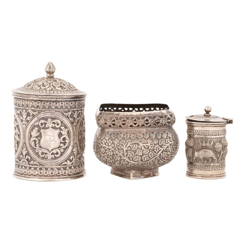 330 - An Indian silver repousse sugar bowl, a contemporary silver canister and cover, 10cm h and a mustard... 