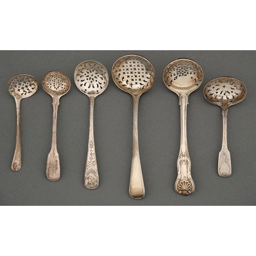 339 - Six George III-William IV silver sugar sifters, hourglass, fiddle and thread and other patterns, all... 